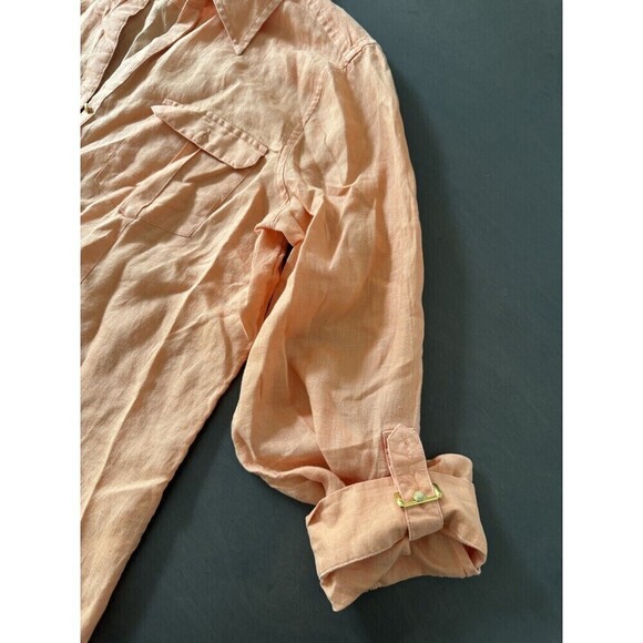chicos linen shirt orange gold button down roll tab sleeves 100% linen size 2/ L - Picture 11 of 13